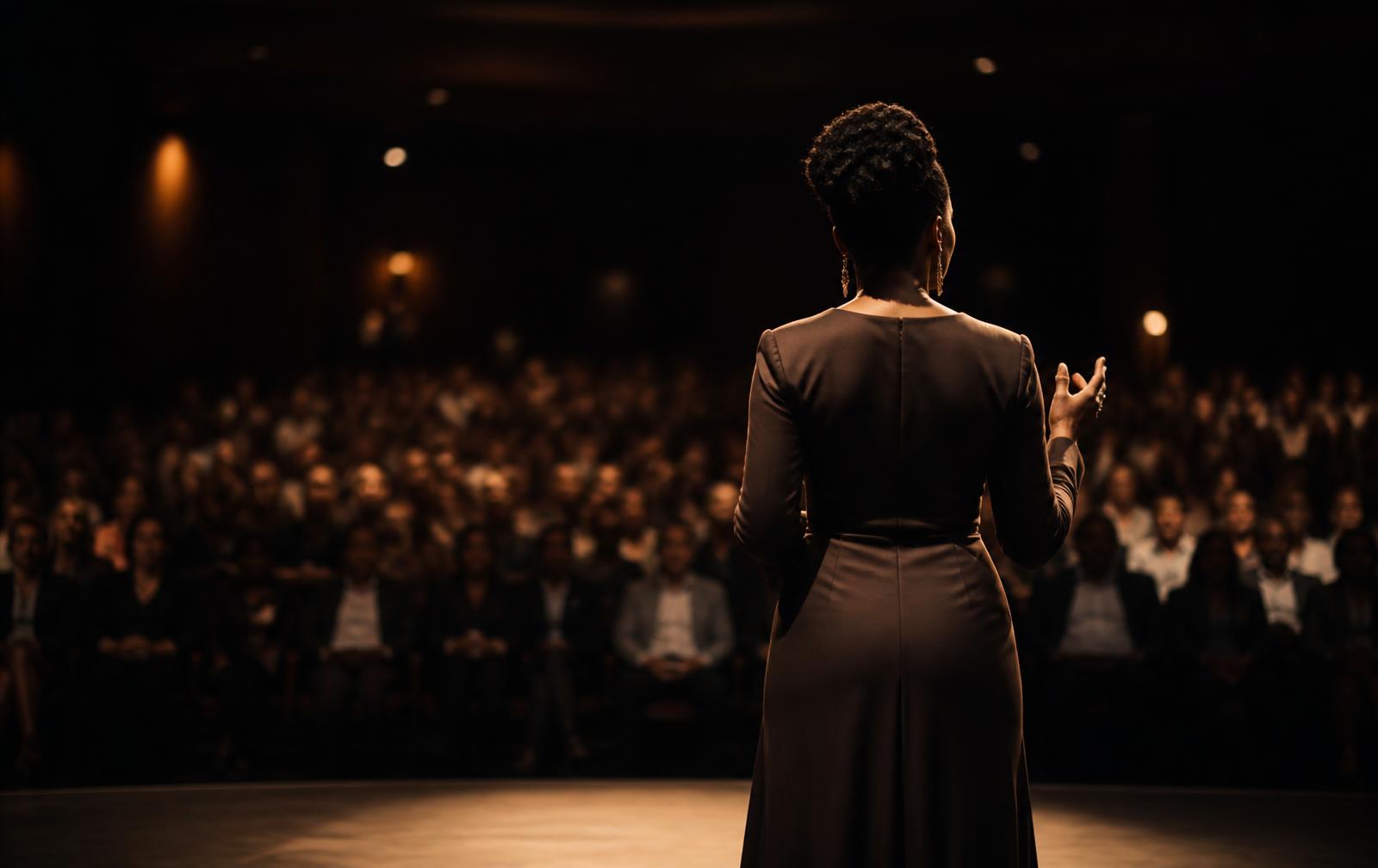 Amirah Ansaar speaking on stage to a full audience